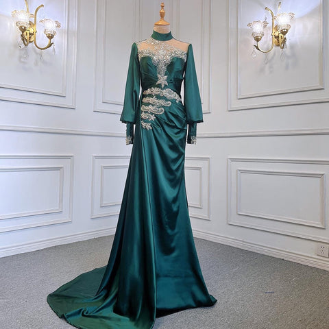 Muslim Satin Green Beaded Elegant With Skirt Mermaid Evening Dresses Gowns 2025 For Women Party LA71532