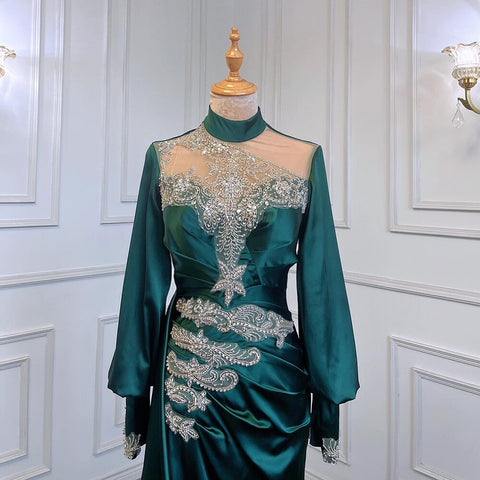 Muslim Satin Green Beaded Elegant With Skirt Mermaid Evening Dresses Gowns 2025 For Women Party LA71532