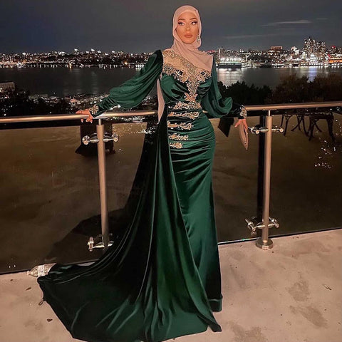 Muslim Satin Green Beaded Elegant With Skirt Mermaid Evening Dresses Gowns 2025 For Women Party LA71532