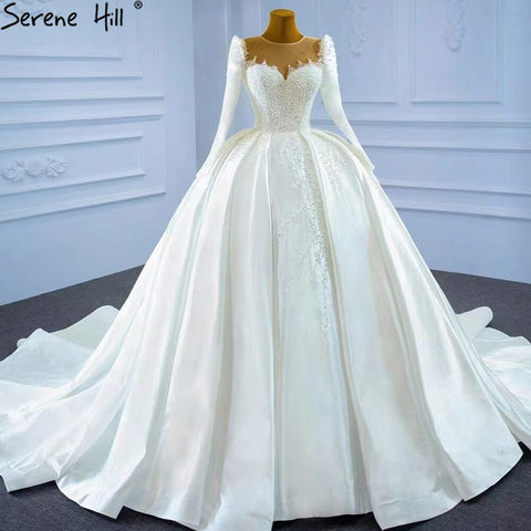 Muslim Satin White Luxury Wedding Dresses 2025 Beading Pearls Ball Gown Bridal Dress HM67259 Custom Made
