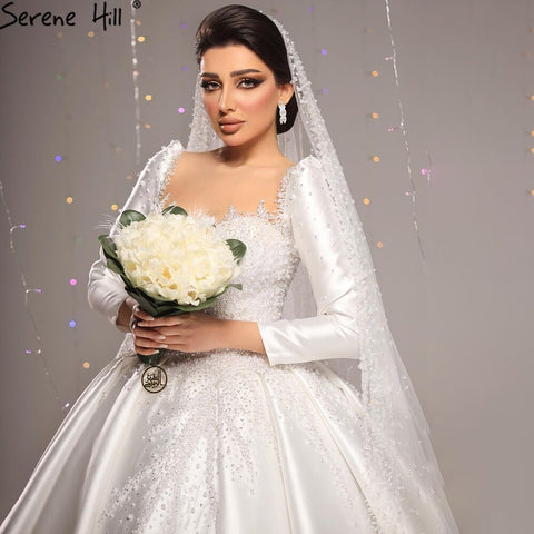 Muslim Satin White Luxury Wedding Dresses 2025 Beading Pearls Ball Gown Bridal Dress HM67259 Custom Made