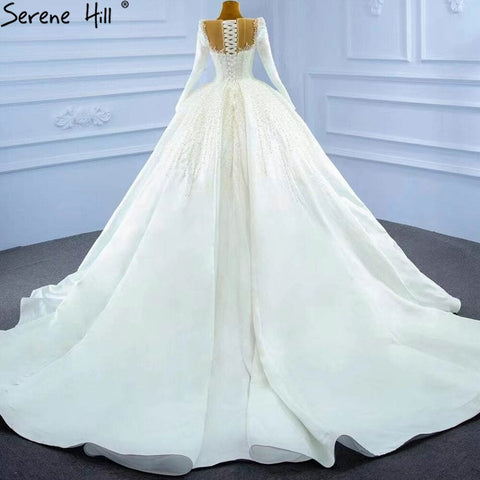 Muslim Satin White Luxury Wedding Dresses 2025 Beading Pearls Ball Gown Bridal Dress HM67259 Custom Made