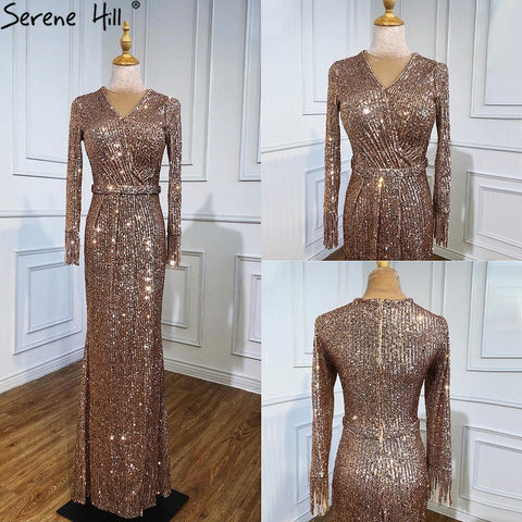 Muslim Silver Long Sleeves Evening Dresses Gowns 2025 Elegant Mermaid Sparkle Luxury For Women Party LA70784