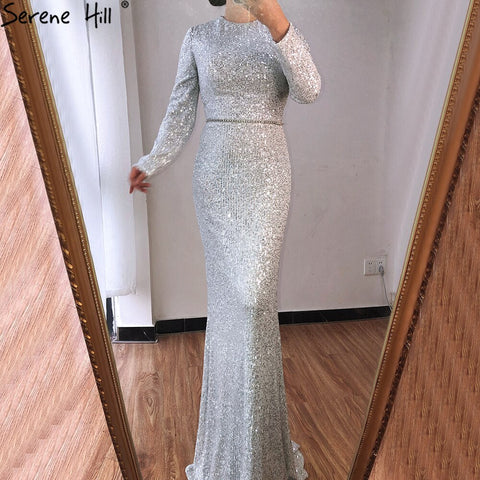 On Sale no return no refundSale Muslim Silver Mermaid Elegant Evening Dresses Gowns  2025 Long Sleeves Sparkle For Women Party LA70690