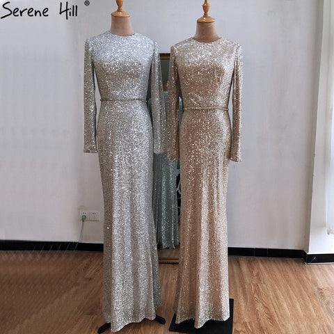 On Sale no return no refundSale Muslim Silver Mermaid Elegant Evening Dresses Gowns  2025 Long Sleeves Sparkle For Women Party LA70690