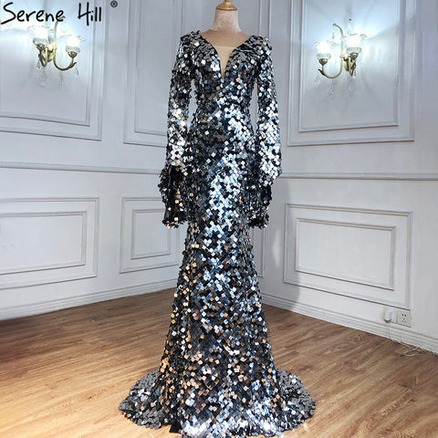 On Sale no return no refund Muslim Silver Mermaid Evening Dresses Gowns 2025 Flare Sleeves Elegant For Women Party LA70650