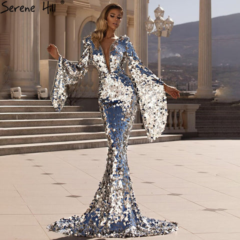 On Sale no return no refund Muslim Silver Mermaid Evening Dresses Gowns 2025 Flare Sleeves Elegant For Women Party LA70650