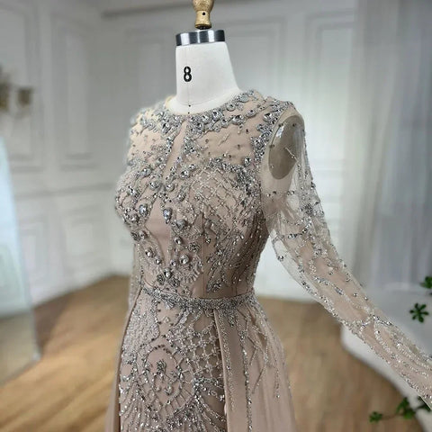 Muslim Silver Nude Mermaid Gown with Detachable Overskirt Beaded Evening Dress for Women Wedding Party 2025 LA71919