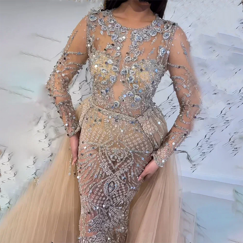 Muslim Silver Nude Mermaid Gown with Detachable Overskirt Beaded Evening Dress for Women Wedding Party 2025 LA71919