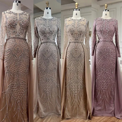 Muslim Silver Nude Mermaid Gown with Detachable Overskirt Beaded Evening Dress for Women Wedding Party 2025 LA71919