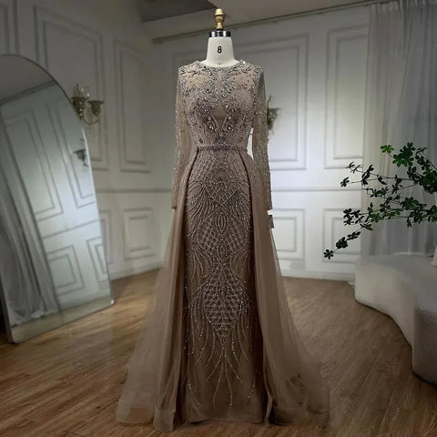 Muslim Silver Nude Mermaid Gown with Detachable Overskirt Beaded Evening Dress for Women Wedding Party 2025 LA71919