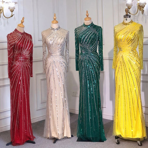 Muslim Sliver Nude Elegant Mermaid High Neck Evening Dresses Gowns Beaded Luxury 2025 For Women Party LA71735