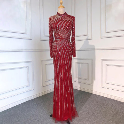 Muslim Sliver Nude Elegant Mermaid High Neck Evening Dresses Gowns Beaded Luxury 2025 For Women Party LA71735