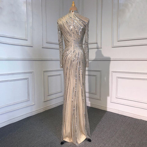 Muslim Sliver Nude Elegant Mermaid High Neck Evening Dresses Gowns Beaded Luxury 2025 For Women Party LA71735