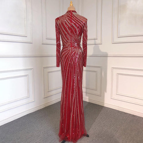 Muslim Sliver Nude Elegant Mermaid High Neck Evening Dresses Gowns Beaded Luxury 2025 For Women Party LA71735