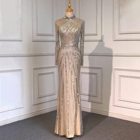 Muslim Sliver Nude Elegant Mermaid High Neck Evening Dresses Gowns Beaded Luxury 2025 For Women Party LA71735