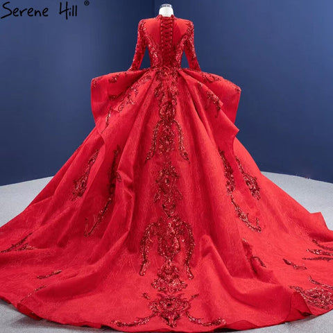 Muslim Sparkle Red Wedding Dresses 2025 Ruched Lace Luxury Bride Gowns HM67298 Custom Made