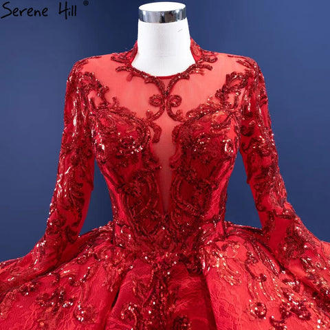 Muslim Sparkle Red Wedding Dresses 2025 Ruched Lace Luxury Bride Gowns HM67298 Custom Made