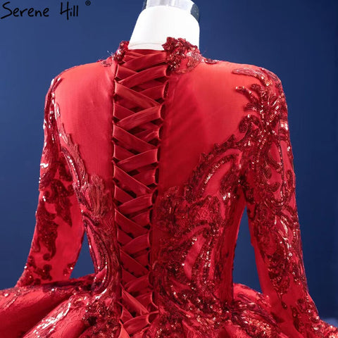 Muslim Sparkle Red Wedding Dresses 2025 Ruched Lace Luxury Bride Gowns HM67298 Custom Made