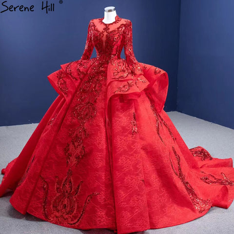 Muslim Sparkle Red Wedding Dresses 2025 Ruched Lace Luxury Bride Gowns HM67298 Custom Made