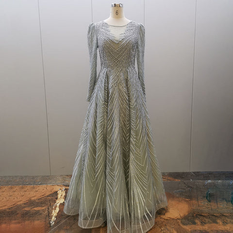 Muslim Turquoise A Line Long Sleeves O Neck Luxury Beaded Evening Dresses Gowns For Women Party 2025 LA71806