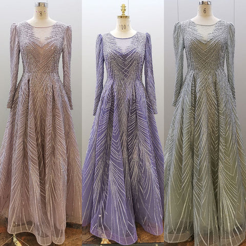 Muslim Turquoise A Line Long Sleeves O Neck Luxury Beaded Evening Dresses Gowns For Women Party 2025 LA71806