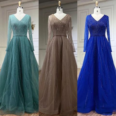 Muslim Turquoise Elegant A Line Luxury Dubai Evening Dresses Beaded Formal Dress 2025 LA72228