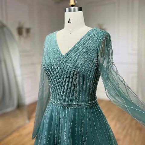 Muslim Turquoise Elegant A Line Luxury Dubai Evening Dresses Beaded Formal Dress 2025 LA72228