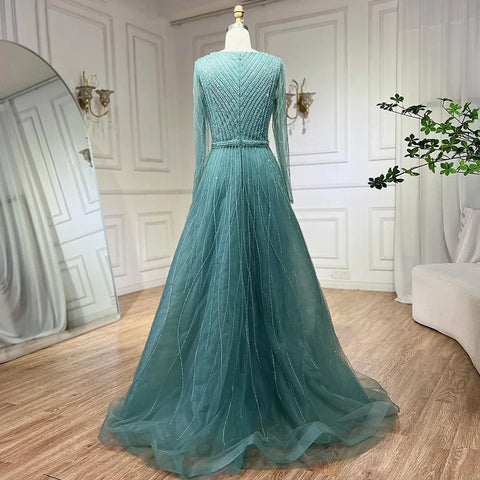 Muslim Turquoise Elegant A Line Luxury Dubai Evening Dresses Beaded Formal Dress 2025 LA72228