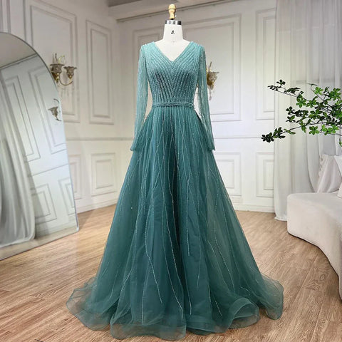 Muslim Turquoise Elegant A Line Luxury Dubai Evening Dresses Beaded Formal Dress 2025 LA72228