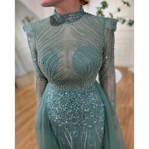 Elegante vestido de noche musulmán turquesa de sirena con sobrefalda y cuentas, para mujer, para boda, fiesta, LA72166 