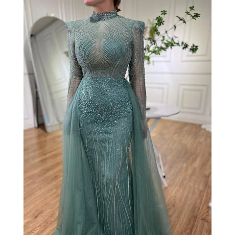 Elegante vestido de noche musulmán turquesa de sirena con sobrefalda y cuentas, para mujer, para boda, fiesta, LA72166 