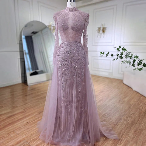 Elegante vestido de noche musulmán turquesa de sirena con sobrefalda y cuentas, para mujer, para boda, fiesta, LA72166 