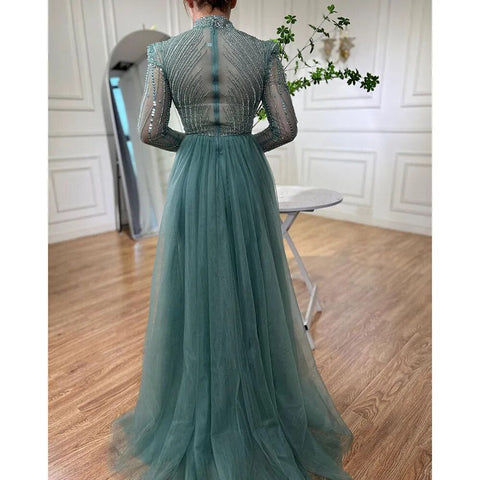 Elegante vestido de noche musulmán turquesa de sirena con sobrefalda y cuentas, para mujer, para boda, fiesta, LA72166 