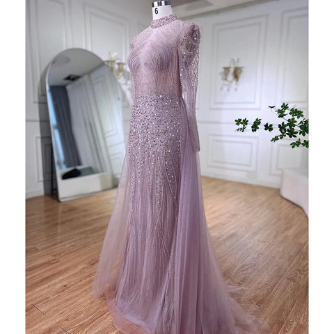 Elegante vestido de noche musulmán turquesa de sirena con sobrefalda y cuentas, para mujer, para boda, fiesta, LA72166 