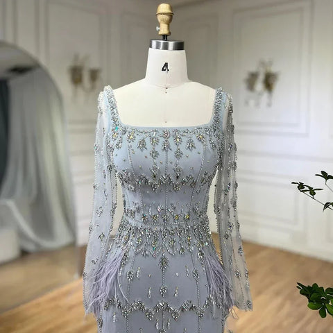 Muslim Turquoise Mermaid Elegant Evening Dresses Gowns 2025 Luxury Beaded Feather for Women Party LA71722