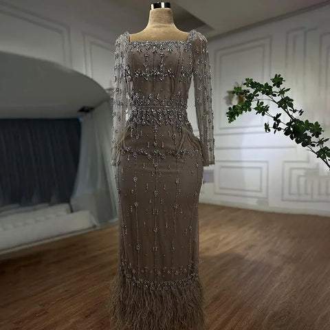 Muslim Turquoise Mermaid Elegant Evening Dresses Gowns 2025 Luxury Beaded Feather for Women Party LA71722