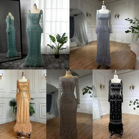 Muslim Turquoise Mermaid Elegant Evening Dresses Gowns 2025 Luxury Beaded Feather for Women Party LA71722