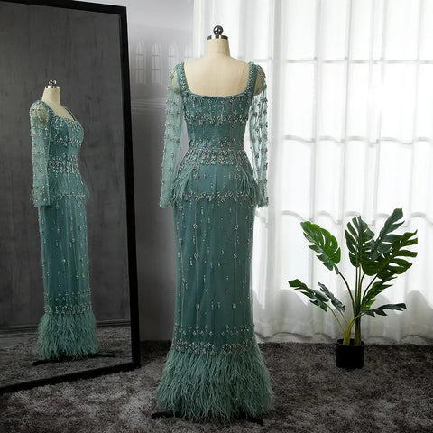 Muslim Turquoise Mermaid Elegant Evening Dresses Gowns 2025 Luxury Beaded Feather for Women Party LA71722