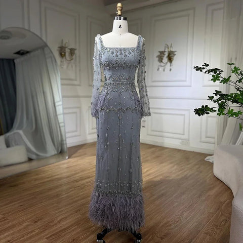 Muslim Turquoise Mermaid Elegant Evening Dresses Gowns 2025 Luxury Beaded Feather for Women Party LA71722