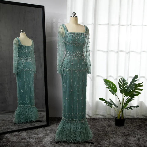 Muslim Turquoise Mermaid Elegant Evening Dresses Gowns 2025 Luxury Beaded Feather for Women Party LA71722
