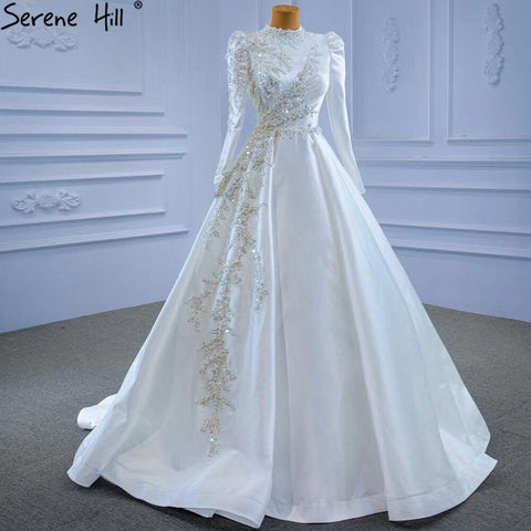 Muslim White A-Line Wedding Dresses 2025 Beaded High-end Satin Bride Gowns HM67396 Custom Made