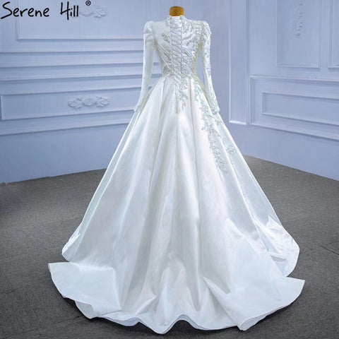 Muslim White A-Line Wedding Dresses 2025 Beaded High-end Satin Bride Gowns HM67396 Custom Made