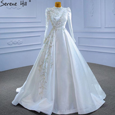Muslim White A-Line Wedding Dresses 2025 Beaded High-end Satin Bride Gowns HM67396 Custom Made