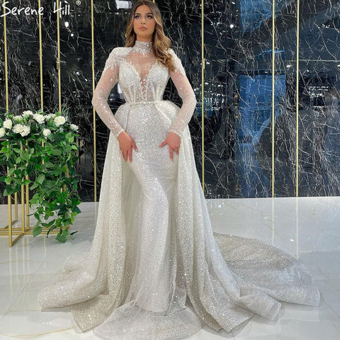 Muslim White Detachable Skirt Evening Dresses Gowns 2025 Luxury Mermaid Beading Elegant For Women Party LA71110
