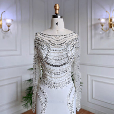 Muslim White Elegant Mermaid Luxury Lace Beaded Arabic Evening Dresses Gowns 2025 For Women Wedding Party LA71961