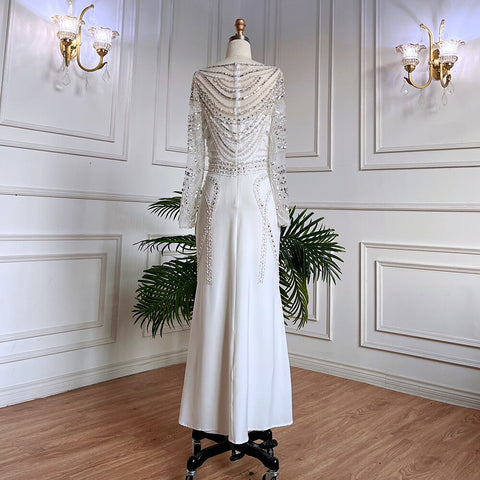 Muslim White Elegant Mermaid Luxury Lace Beaded Arabic Evening Dresses Gowns 2025 For Women Wedding Party LA71961