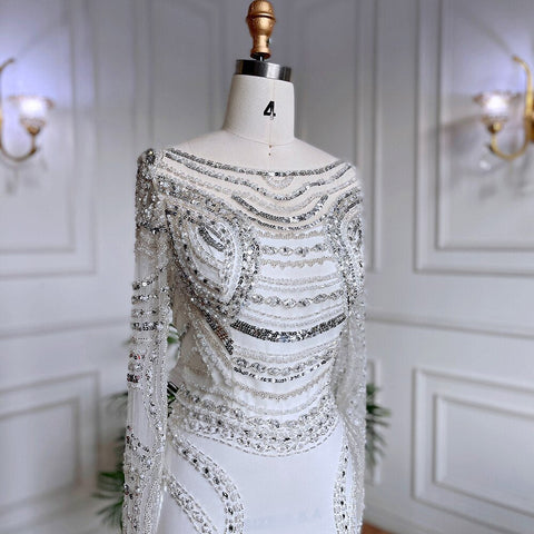 Muslim White Elegant Mermaid Luxury Lace Beaded Arabic Evening Dresses Gowns 2025 For Women Wedding Party LA71961