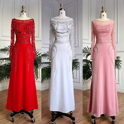 Muslim White Elegant Mermaid Luxury Lace Beaded Arabic Evening Dresses Gowns 2025 For Women Wedding Party LA71961