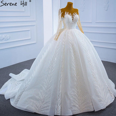 Muslim White Luxury Wedding Dresses 2025 Glitter Long Sleeves High-end Lace Up Bridal Dress HM67235